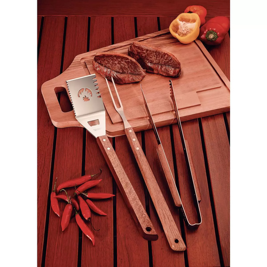 Tramontina BBQ Hardwood Tool Set 3 Piece – Stainless Steel Grill Tongs, Fork & Spatula with Wooden Handles BBQ Accessories