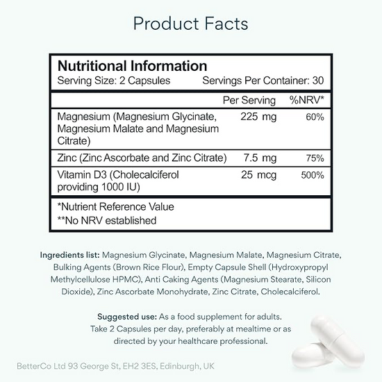 Bettervits Magnesium Glycinate Complex with Zinc & Vitamin D3 – 60 Capsules