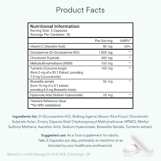 Bettervits Glucosamine 1000mg with Chondroitin, MSM & Turmeric – 90 Capsules