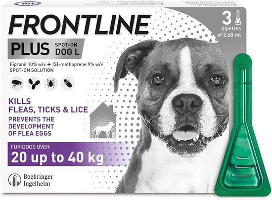 FRONTLINE Plus Flea & Tick Treatment for Large Dogs 20–40kg – 3 Pipettes