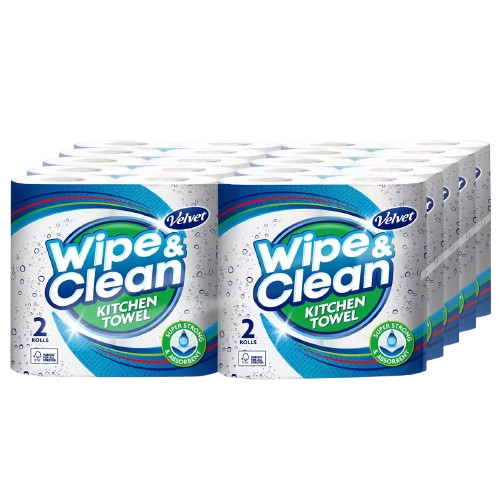 Velvet Wipe & Clean Kitchen Roll Towel 20 Rolls 75 Sheets Super Strong