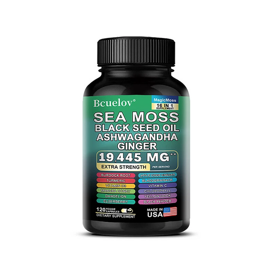 Sea Moss, Black Seed Oil, Ashwagandha & Ginger Capsules – Immune & Thyroid Support Herbal Supplement